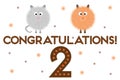 Postcard - congratulations! 2th anniversary. With fluffy cartoon dogs and cats on a white background with a number Royalty Free Stock Photo